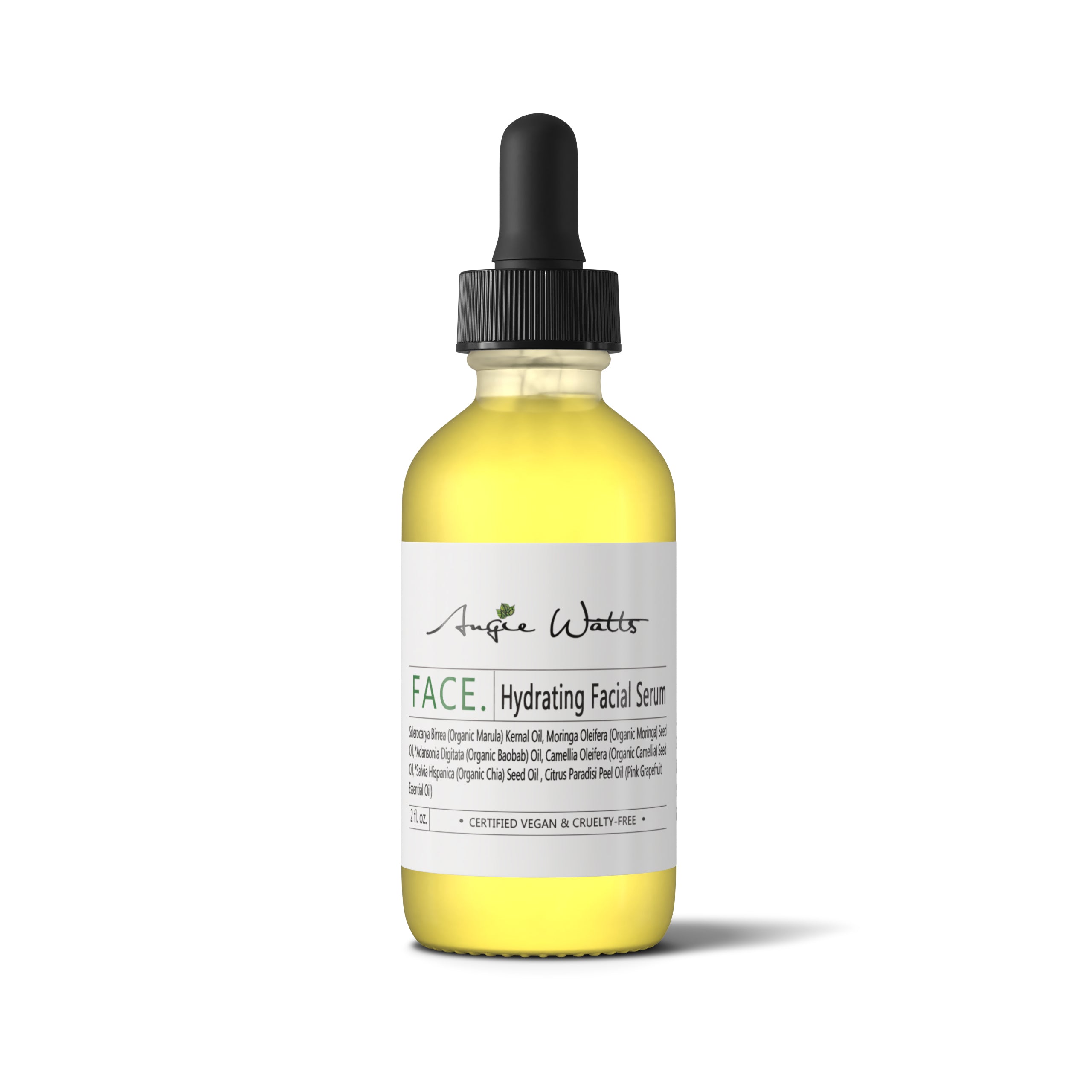 Angie Watts FACE Hydrating Facial Serum, clear bottle with dropper